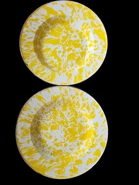 Vintage Yellow Splatterware Enamel Plates 10" Pair Farmhouse Decor